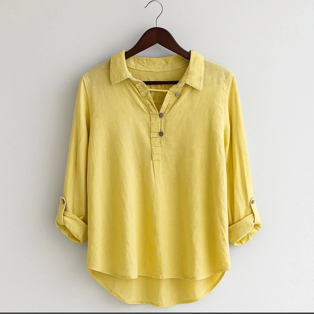 Cynthia Rowley Linen Blouse  Women’s 1X Split Neck Roll-Tab Sleeve High-Low - Picture 2 of 6